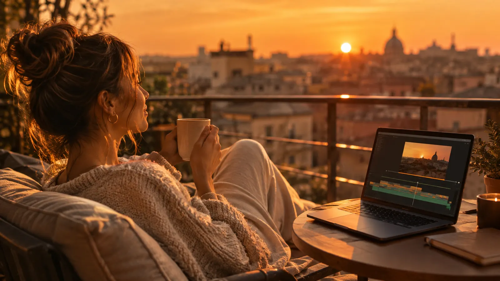 Entspannte Creatorin mit Kaffee auf dem Balkon, das Video ist fertig